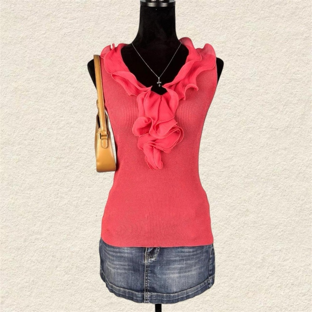 Adrienne Vittadini Salmon Colored Ruffled V Neck Ribbed Women's Tank Top